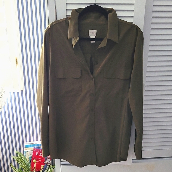 Chico's Tops - Chico's Olive Green Button Down Shirt 3=16/XL